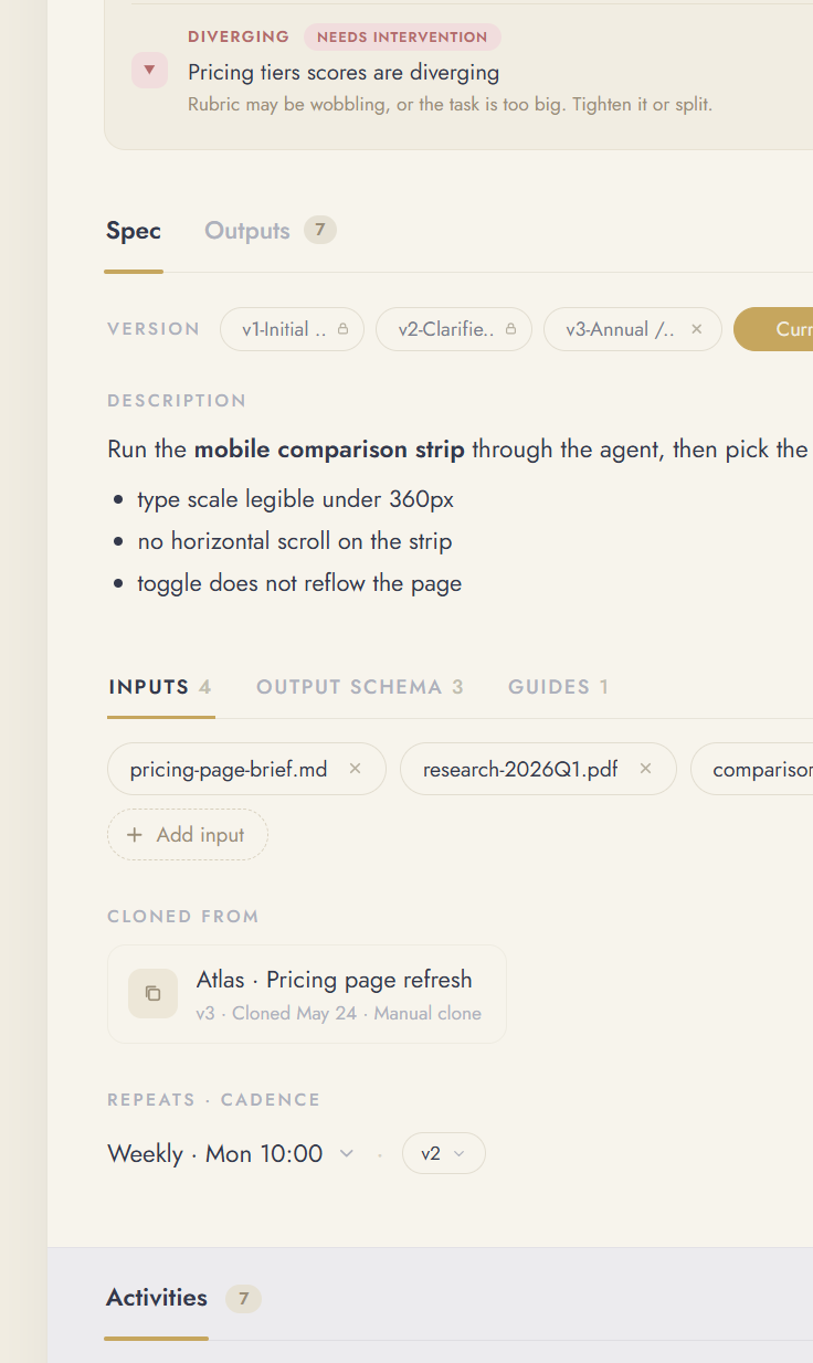 Task detail — spec, versions and inputs