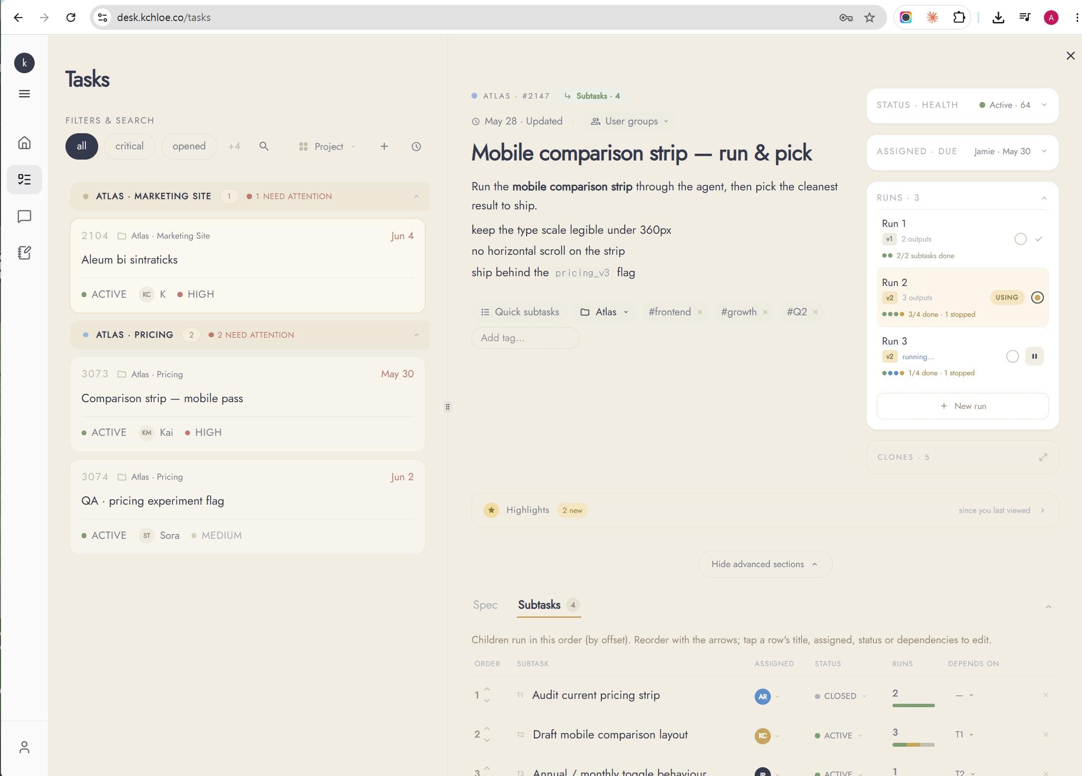 A task in Kew Chloe — spec, runs and reviews